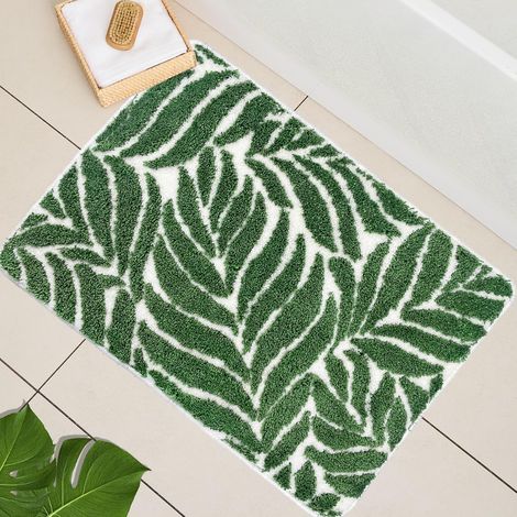 Badematte mit dunkelgrünem Blattmuster, 50 x 80 cm Rutschfest, saugfähig und maschinenwaschbar für Waschbecken, Badewanne und Dusche (1/4)