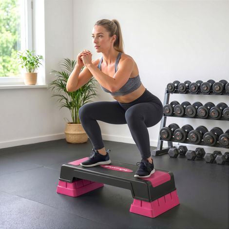 Schwarz-Rosa dreistufiger Fitness-Steppbrett mit Anti-Rutsch-Matte, Höhenstufen 12 / 17,5 / 22,5 cm (1/4)