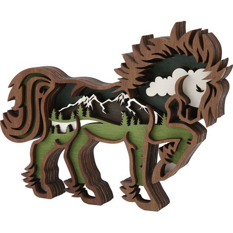 Ornements de chevaux en bois 3D, bords lisses, détails exquis, sculptures en bois avec guirlande lumineuse, idéal pour offrir ou décorer votre intérieur. (1/5)