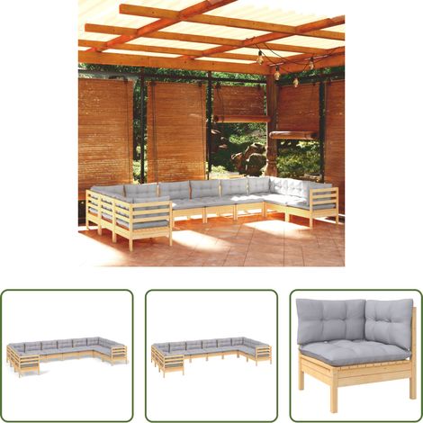 Holzgartenmöbel - 10-tlg. Garten-Lounge-Set mit Grauen Kissen Kiefernholz (1/5)