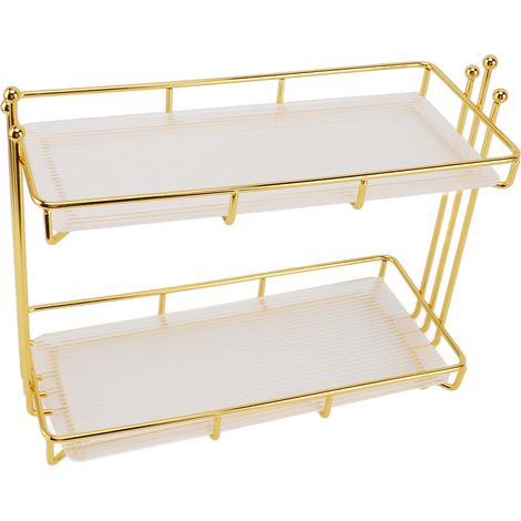 Étagère de rangement maquillage 2 niveaux, organisateur vasque salle de bain, plateau coiffeuse, commode, cosmétiques, soin peau, parfum, acier inoxydable et acrylique (1/5)