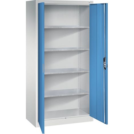 Armoire à outils C+P avec portes battantes, 4 tablettes intérieures, H1950xL930xP500mm Façade bleu clair Corps gris clair