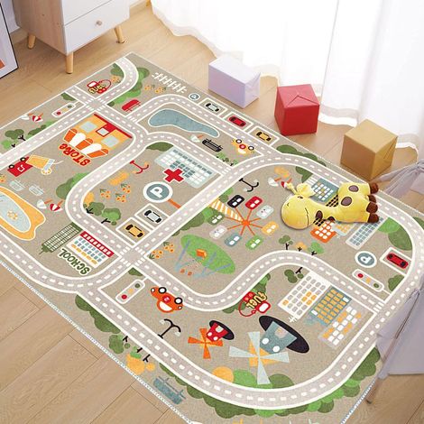 Tapis de jeu City Life pour enfants, moquette de sol avec circuit de voitures et trains, antidérapant à base caoutchouc, carpette éducative pour aire de jeux (80x120 cm) (1/5)