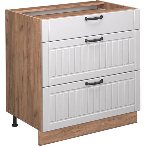 Mueble bajo de cocina Fame-Line, Blanco casa de campo, 80 cm con 3 cajones, sin encimera, Vicco