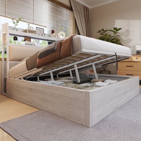 Lit coffre 180x200 en bois blanc avec tête de lit USB et grand rangement sous le sommier (1/5)