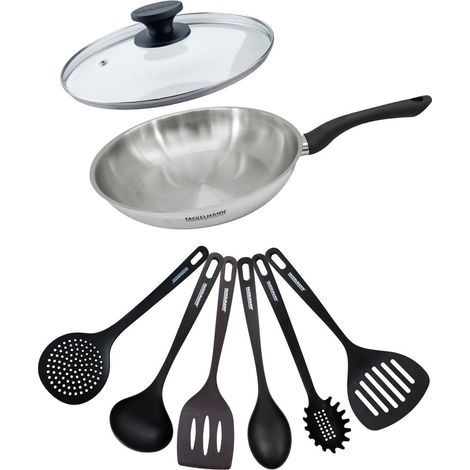Set poêle 28 cm en inox, couvercle verre et 6 ustensiles Fackelmann Geneva (1/5)