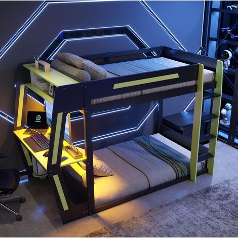 Lit mezzanine gaming 120 x 200 cm avec bureau, LED, noir et vert HAVRYA (1/5)