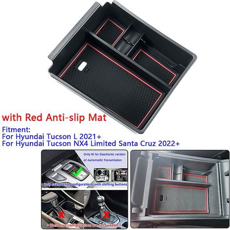 Boîte de rangement centrale pour accoudoir de voiture, contenant et organiseur de gants pour Hyundai Tucson Nx4 2022 Limited et Tucson Hybrid (avec tapis rouge)