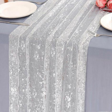 Chemin de table argenté transparent, chemin de table romantique argenté métallisé, chemin de table à paillettes pour mariage, 70 x 300 cm, nappe bohème en gaze, style nuptial (1/5)
