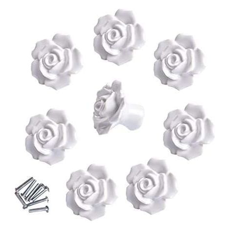 8 elegantes tiradores de cerámica con diseño de rosas blancas para muebles, cajones y armarios.