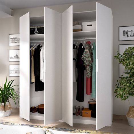 Dmora - Guardaroba Prado, Mobile appendiabiti per camera da letto, Armadio a 4 ante battenti, 180x52h204 cm, Bianco, con imballo rinforzato (1/5)