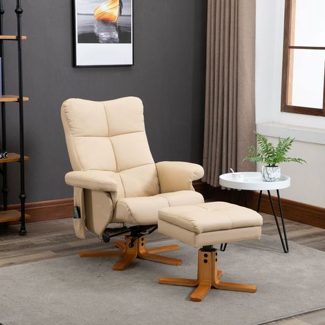 Fauteuil massant inclinable avec repose-pieds et rotation 360° en polyester blanc crème (1/5)