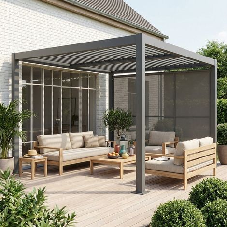 Pergola bioclimatique aluminium et acier 3x3m + auvent 3m anthracite Palace (1/4)