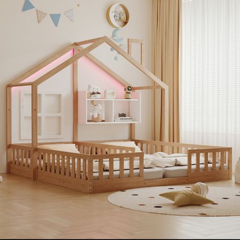 Lit enfant 90x200 cm, design maison avec LED et rangements, avec barrières de sécurité, en bois, naturel (1/5)