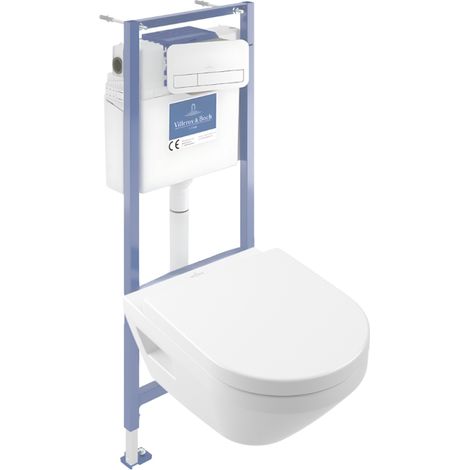 Pack inodoro suspendido sin reborde Villeroy & Boch Architectura TwistFlush [e³] redondo + bastidor de instalación suelo y pared + placa blanca