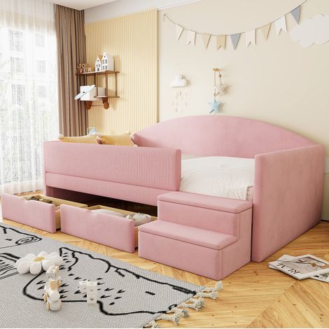 Letto bambino 90x190 cm in velluto rosa, con contenitore, senza materasso FloraGrace (1/5)