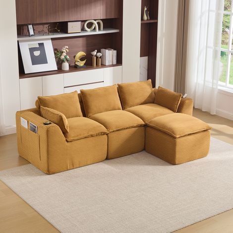 Canapé d'angle 3 places velours côtelé, canapé modulaire avec pouf, poches latérales et porte-gobelet, 256x161x75 cm, orange