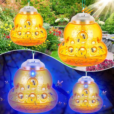 Piège à guêpes solaire avec lumière LED bleue, réutilisable et non toxique, pour la lutte antiparasitaire extérieure, tue-guêpes suspendu, lot de 2, orange (1/5)