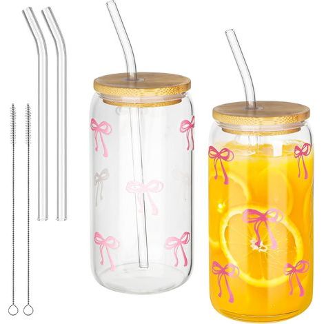 Set of 2 Matcha Glasses, Matcha Cups 500 ml, Glasses with Lid and Straw 500 ml, Glass Glasses for Tea, Drinks, Juice, Iced Coffee, Latte, for an 11 Year Old Girl