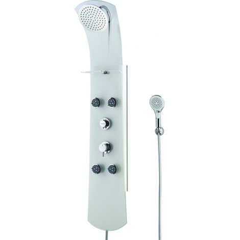 Valentin – Colonne de douche hydromassante – Corps en verre sécurit – 4 buses orientables – 2 jets – Pomme haute inox Ø 200 mm – Douchette 3 jets (1/9)