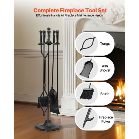 Ensemble d'outils de cheminée, 5 pièces, ensemble serviteur de cheminée en fer forgé avec support à cinq branches, pince, pelle à c… (1/5)