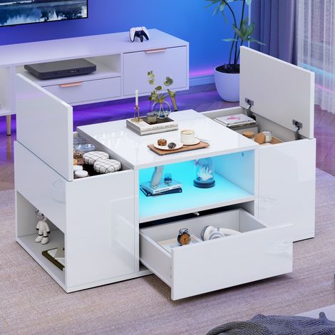 Table basse LED 100x50x40cm - avec un tiroir, console avec 2 compartiments - laquée brillante - blanc (1/5)