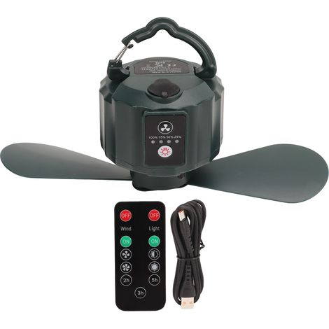 Ventilateur de Plafond de Tente Portable, Double Lame, USB, Lumière LED, 10400mAh, pour Camping et Extérieur, Vert