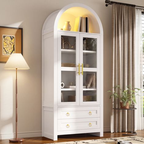 Vitrina alta 76 x 40 x 180 cm - iluminación led - diseño arco retro - 2 puertas de vidrio - 2 cajones - mdf - blanco (1/5)