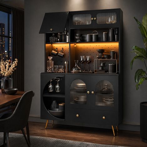 Buffet haut noir avec LED, prises USB et AC, 120x40x176 cm (1/5)