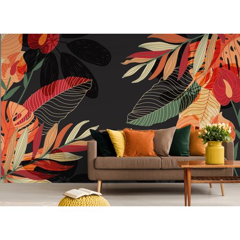 Papier Peint Art & Déco - Feuilles Élégantes en Rouge et Noir - 150 x 250 cm (1/2)