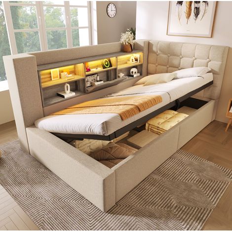 Cama individual LED con almacenamiento y carga beige OKMYHOME (1/5)