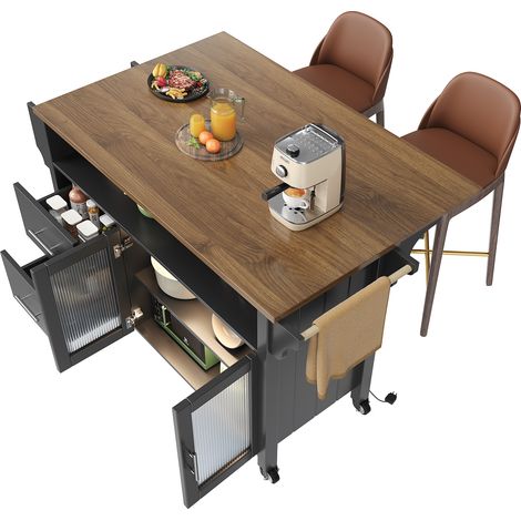 ELVMI Carrello da Cucina con 2 Cassetti, Anta in Vetro, LED, Portasciugamani e Ruote per Cucina 139×40×94 cm (1/5)