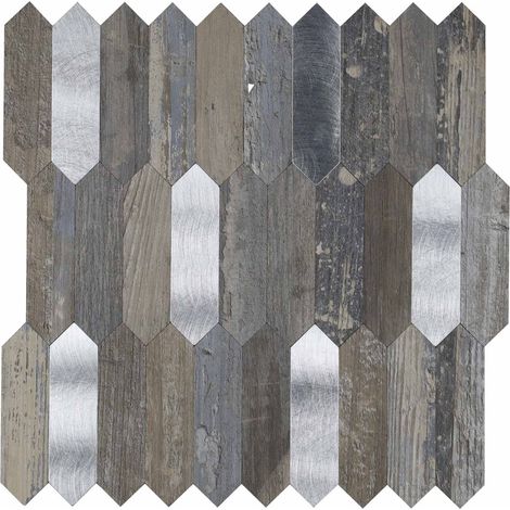 Lot de 4 crédences adhésives murales 3D - Effet bois et métal Marron 25x25 cm (1/5)