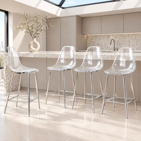 Taburetes de bar transparentes, lote de 4, estructura de metal plateado con reposapiés DESVIAE (1/5)