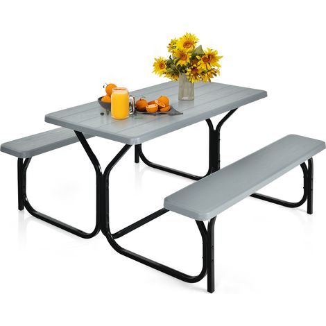 COSTWAY Picnic Table and Bench Set Portable Camping Trestle Table Chairs-Grey (1/5)