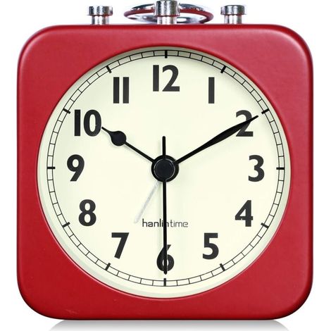 Réveil analogique carré rouge silencieux, petit réveil de voyage en métal pour chambre d'enfant, table de chevet, salon ou bureau. (1/4)