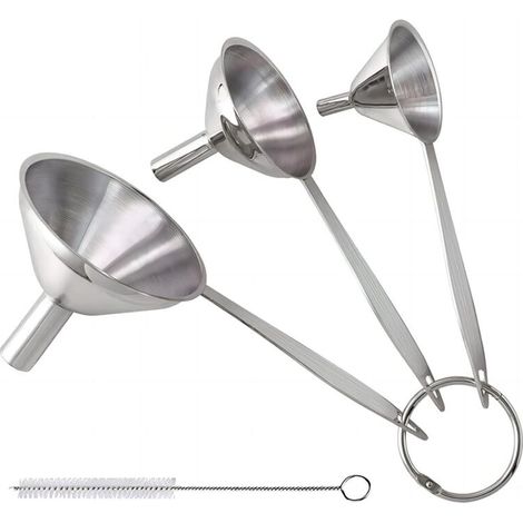 Set di 3 imbuti da cucina in acciaio inox con manici lunghi, mini imbuti in metallo per alimenti per travasare olio e liquidi, facili da pulire con una spazzola. (1/4)