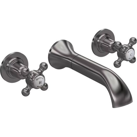 Hudson Reed White Topaz Wall Mounted Crosshead 3-Hole Basin Mixer Tap - Brushed Pewter (1/2)