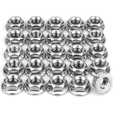 Lot de 25 écrous de verrouillage hexagonaux à bride dentelée M8 x 1,25 mm, écrous de verrouillage hexagonaux métriques dentelés en acier inoxydable 304, finition brillante, acier inoxydable 304 (1/4)