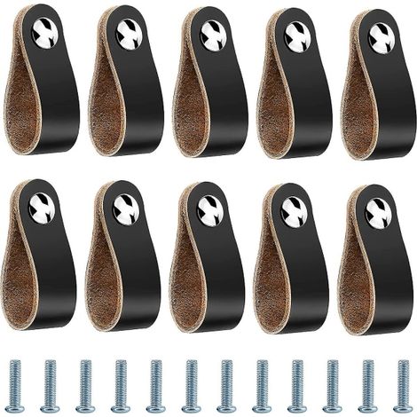 Poignées en cuir, lot de 10 poignées de meubles en cuir, compatibles avec les portes de meubles de salle de bain - 14 x 2,5 cm, noires