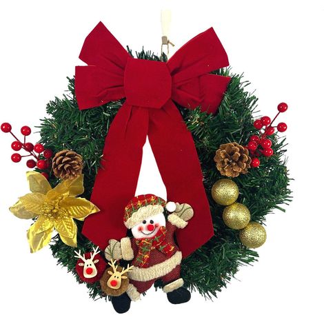 Couronne de Noël avec Bonhomme de Neige, Grand Nœud Rouge, Pommes de Pin Plastique, Décoration Suspendue pour Porte d’Entrée et Mur (1/3)