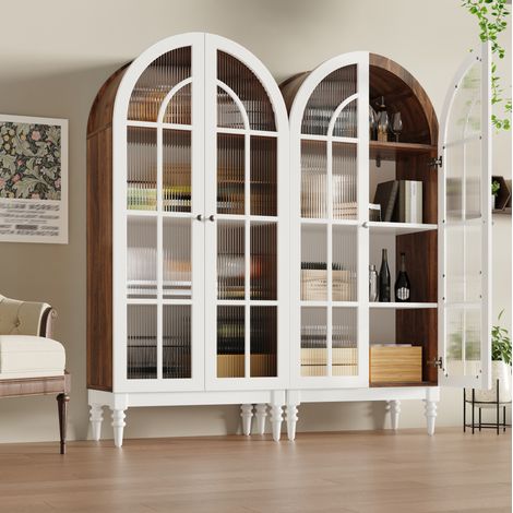 Lot de 2 vitrines à façade arquée et verre strié, MDF, noyer/blanc, 76 x 38,5 x 165 cm (1/5)