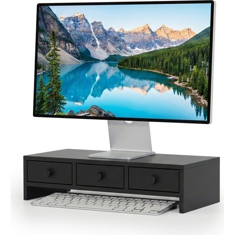 Soporte para monitor Relaxdays, 3 cajones, (Al x An x F) 12,5x51x24 cm, MDF, elevador de monitor para escritorio, negro (1/5)