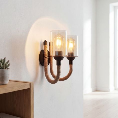 Wandlampe Rauchglas Metall E27 40 cm breit Schwarz Bernstein Natur 2-flammig Rustikal