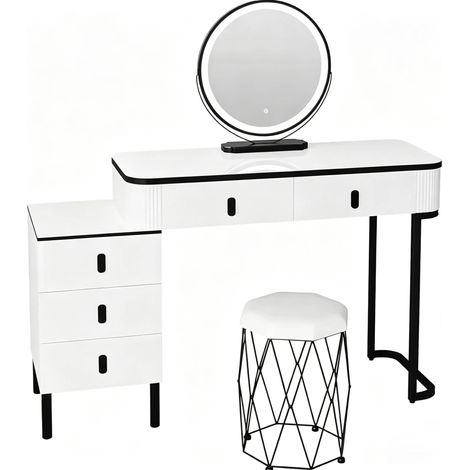 Toeletta moderna bianca e nera con sgabello, specchio LED regolabile e 5 cassetti (1/5)
