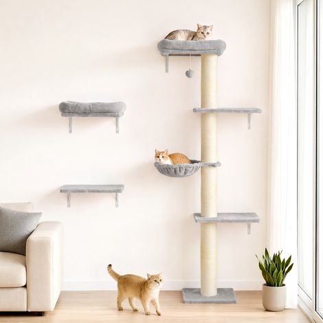 Mur d'escalade pour chat, ensemble de 3 éléments comprenant un griffoir, des plateformes et un hamac. (1/5)