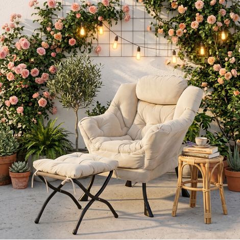 Fauteuil relax 72x80x93 cm en tissu polyester beige, avec rangement pour salon FLORAGRACE (1/5)