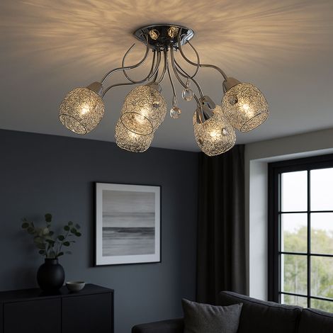 Plafoniera LED cromo cristallo punto luce lampada da soffitto cristalli 5 lampadine, rete cromata, 5x 8W 600lm bianco caldo, DxH 54x22 cm (1/5)
