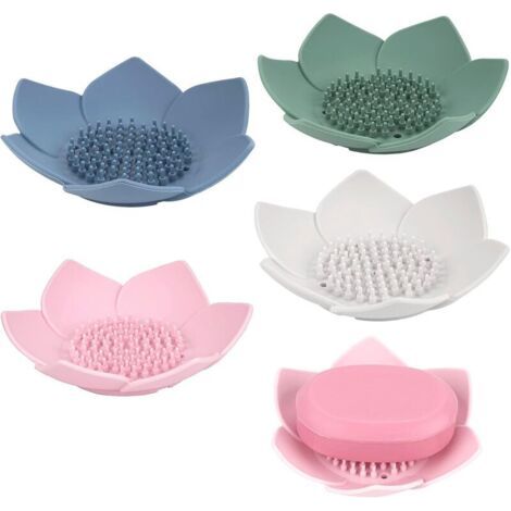 BUNTHAUS Lntyq Lot de 4 porte-savon avec drainage, barre en silicone pour salle de bain, porte-savon en forme de fleur pour évier de cuisine, （vert, 1 bleu, 1 blanc, 1 rose), 12.53cm