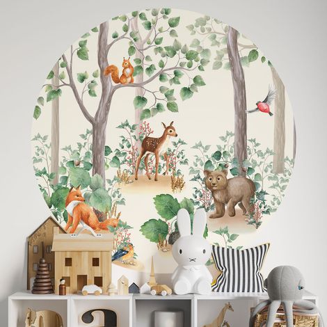 Sticker mural rond / cercle Enfants - Animaux de la Forêt - Diamètre 40 cm - Adhésif MAT
